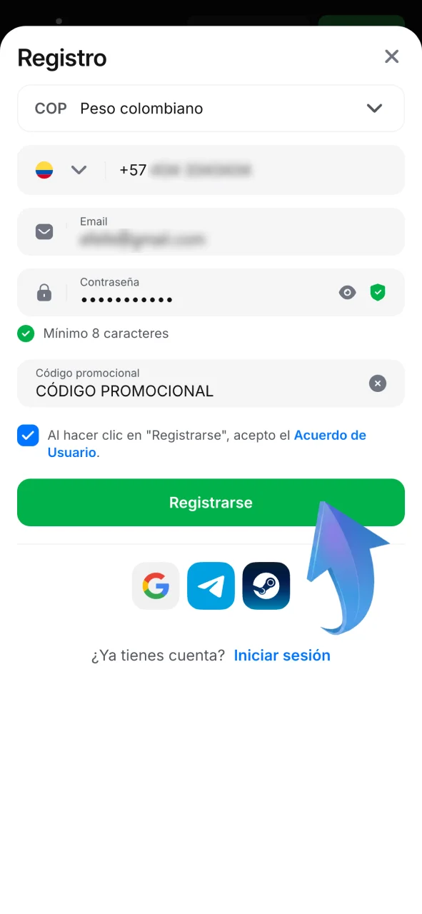 Crea tu cuenta en casino 1win, confirma el registro y accede al casino.