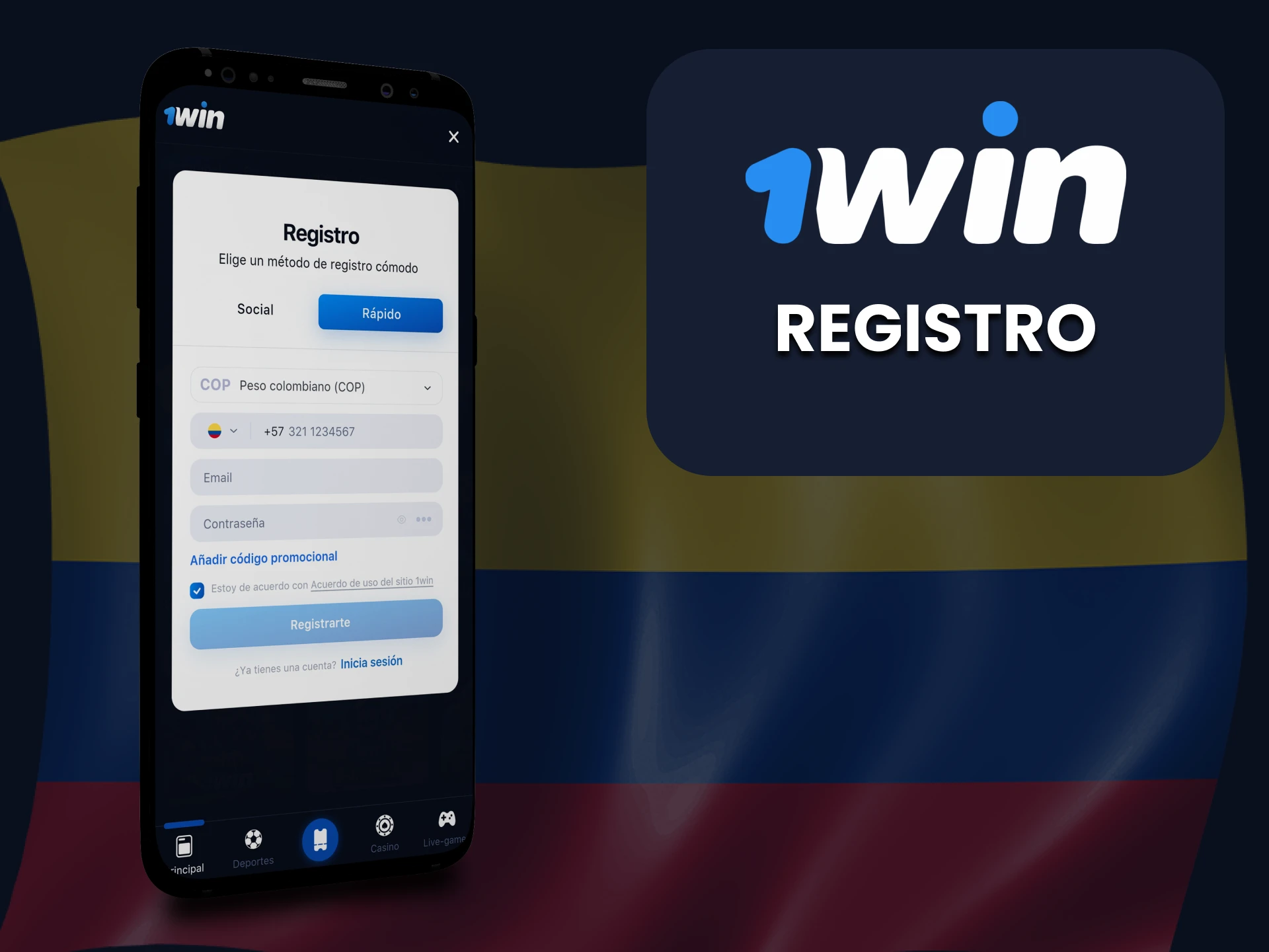 Puedes registrarte a través de la aplicación 1win.