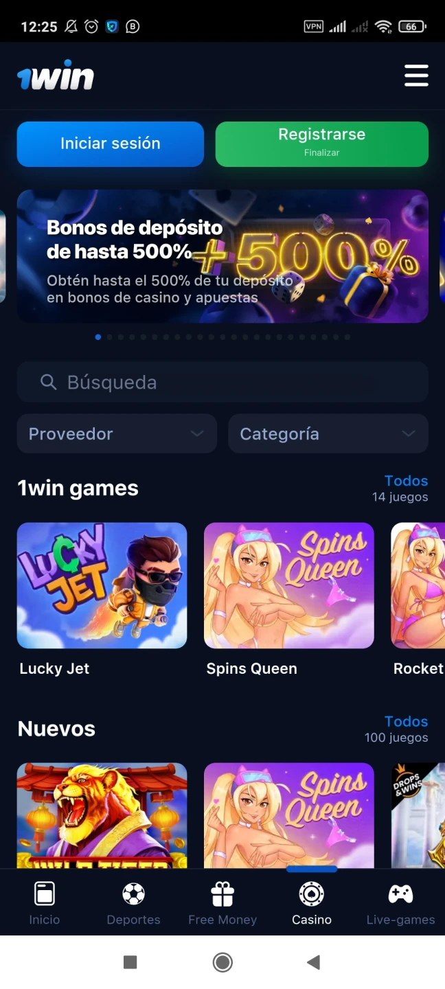 La sección de casino en línea de la aplicación 1Win.