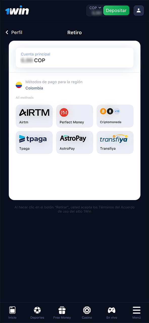 Seleccione el método de retiro que desea utilizar en 1Win.