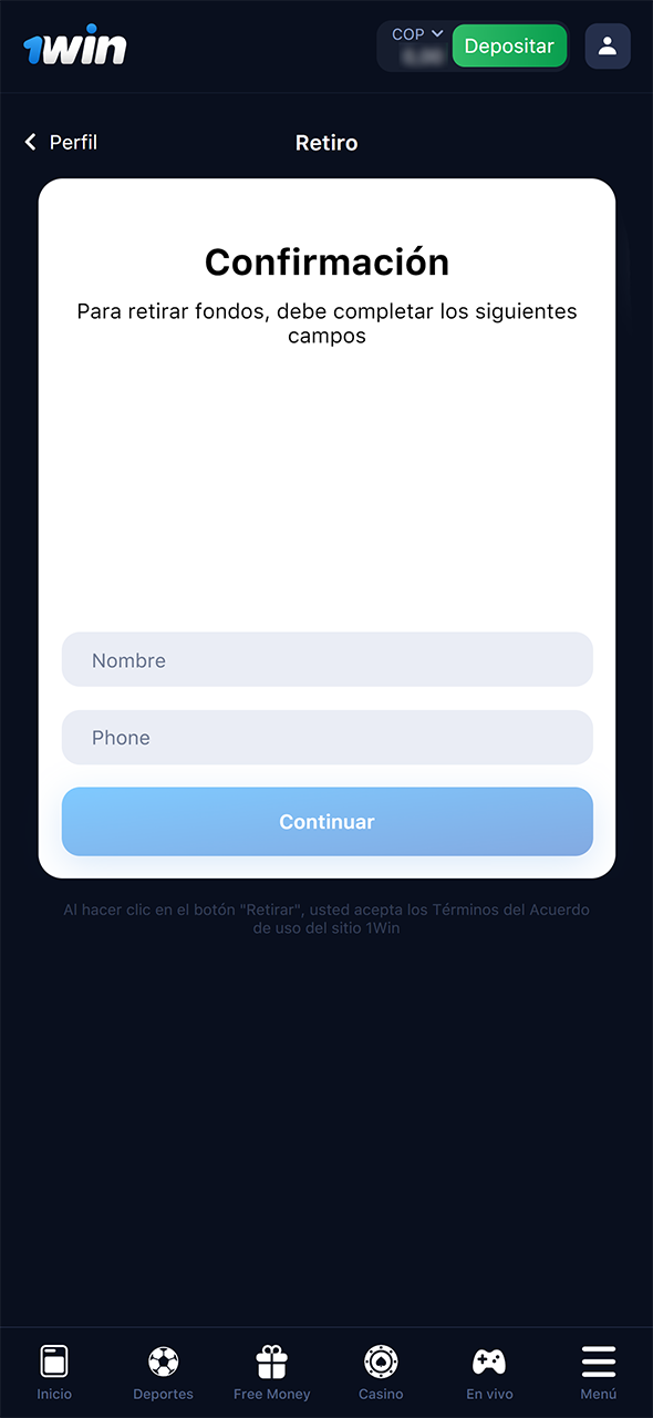 Abra el sitio web oficial de 1Win y vaya a su cuenta personal para iniciar el retiro.