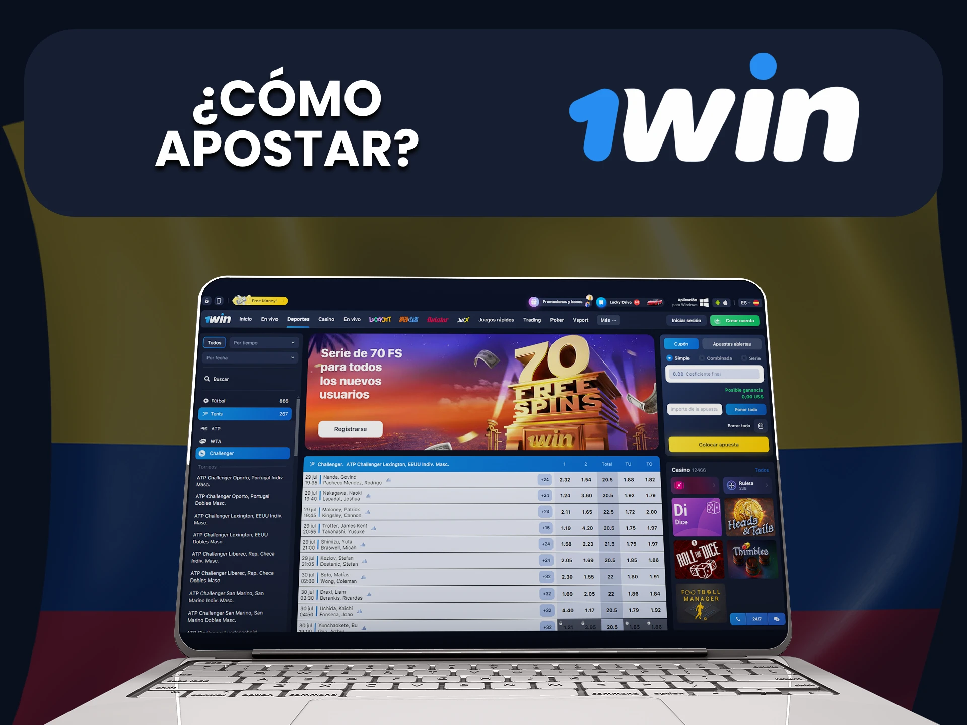 Busque tenis en la sección de deportes de la página web de 1Win para empezar a apostar.