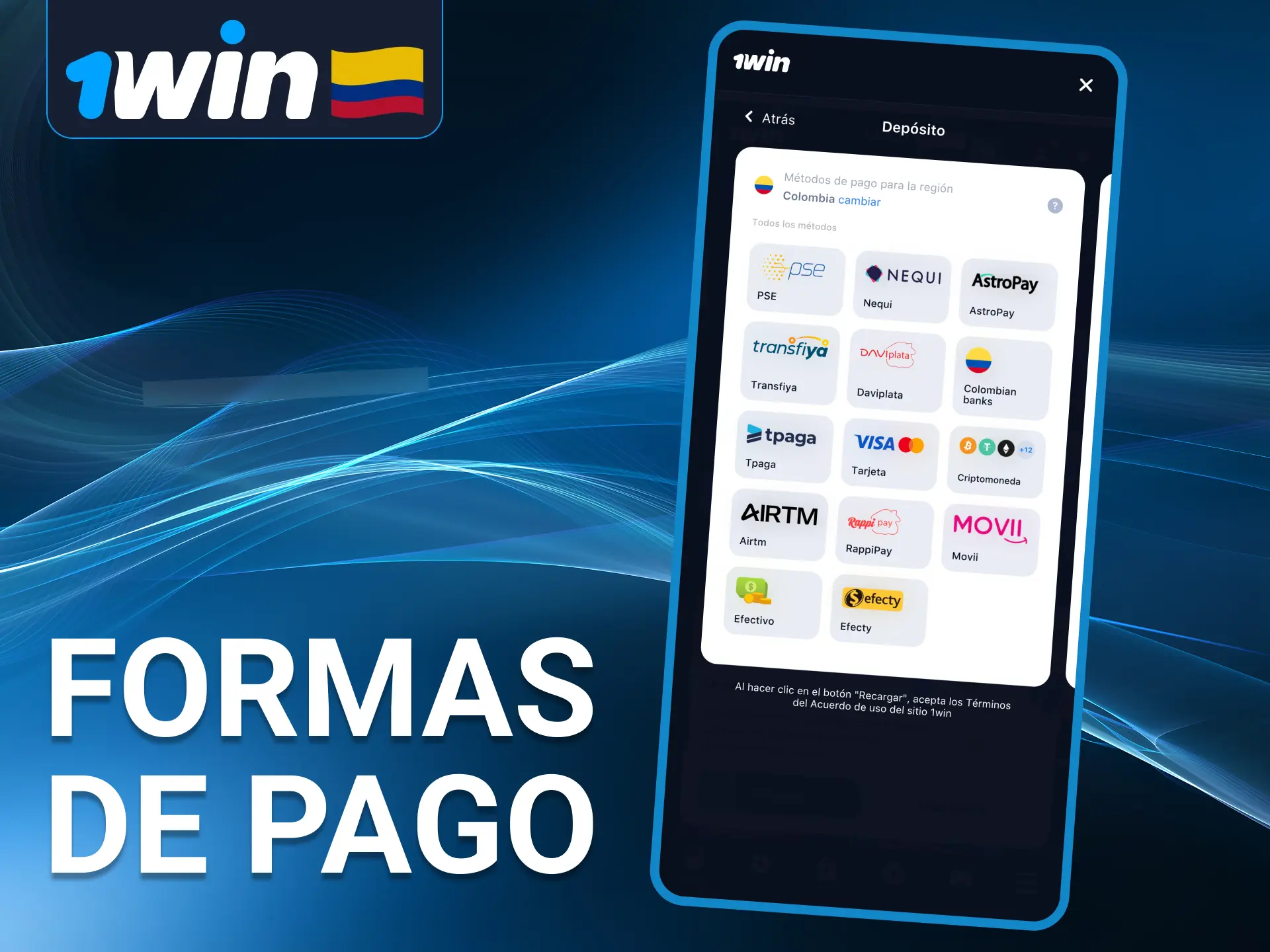 Elige tu método favorito y haz tu primer depósito en la app de 1Win rápidamente.