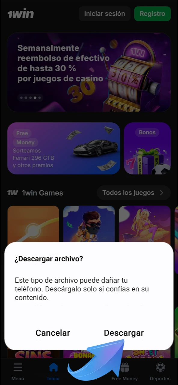 Haga clic en el botón para descargar la aplicación 1win para Android.