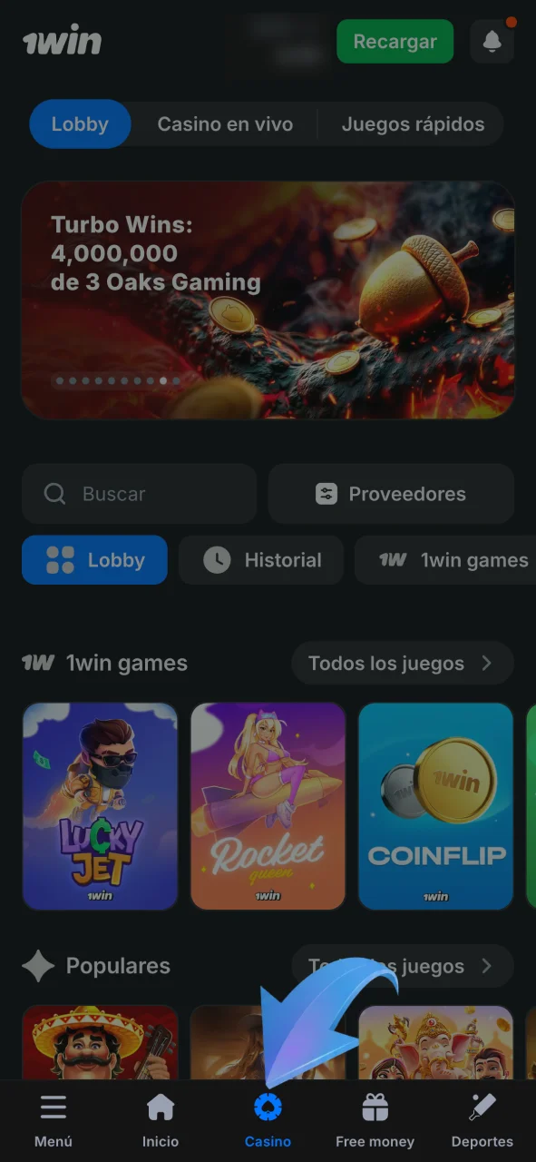 Abre la sección Casino en casino 1win y accede a todos los juegos.