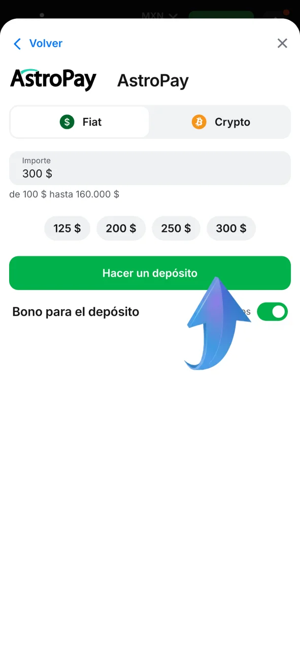 Haz un depósito en casino 1win, elige el método de pago, ingresa el monto y confirma.
