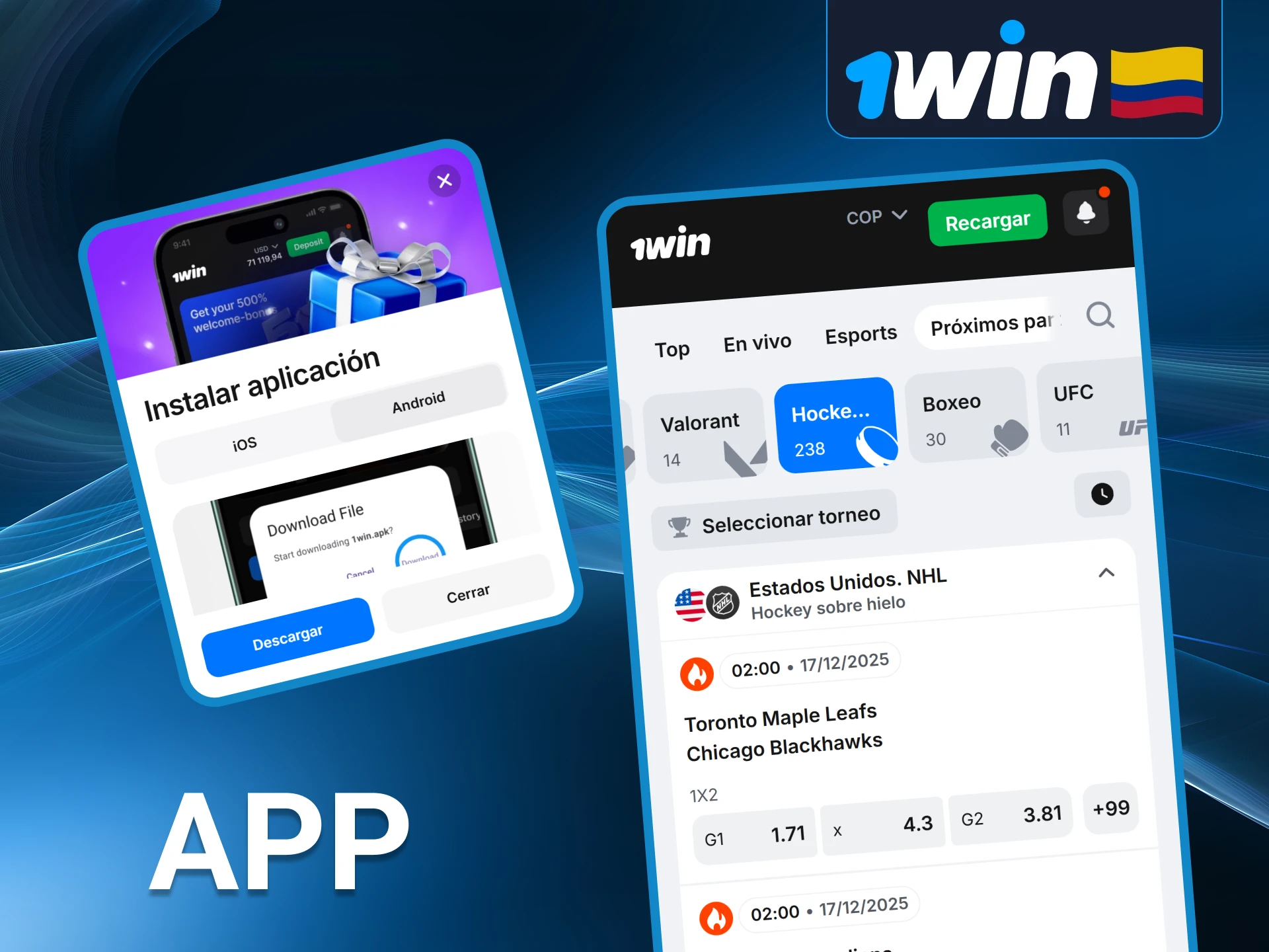 Instala la aplicación de 1Win para seguir el hockey en vivo y realizar tus apuestas.