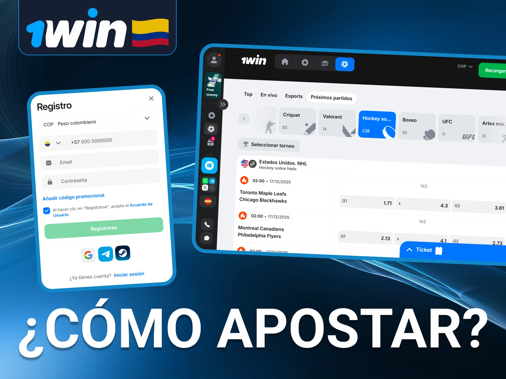 Crea tu cuenta en 1Win para comenzar a apostar en hockey sobre hielo.