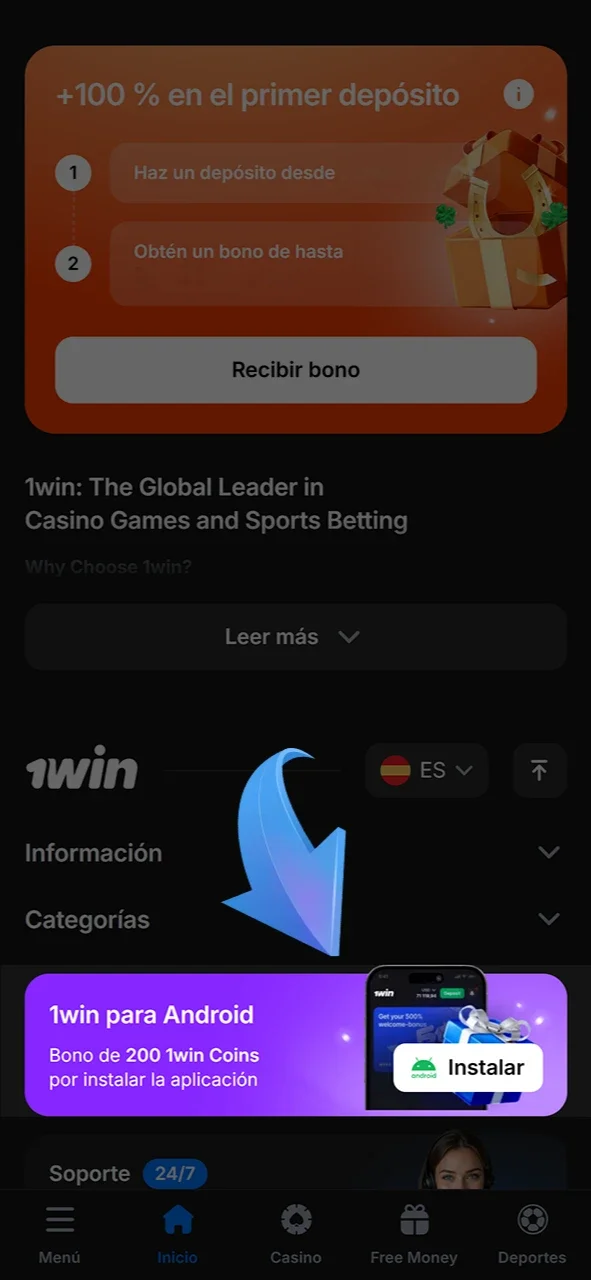 Busca el botón Aplicación para Android al sitio web oficial de 1win.
