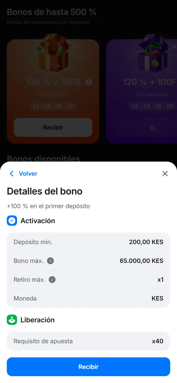 Revisa la sección de Bonos de 1Win y acepta los términos de la promoción elegida.