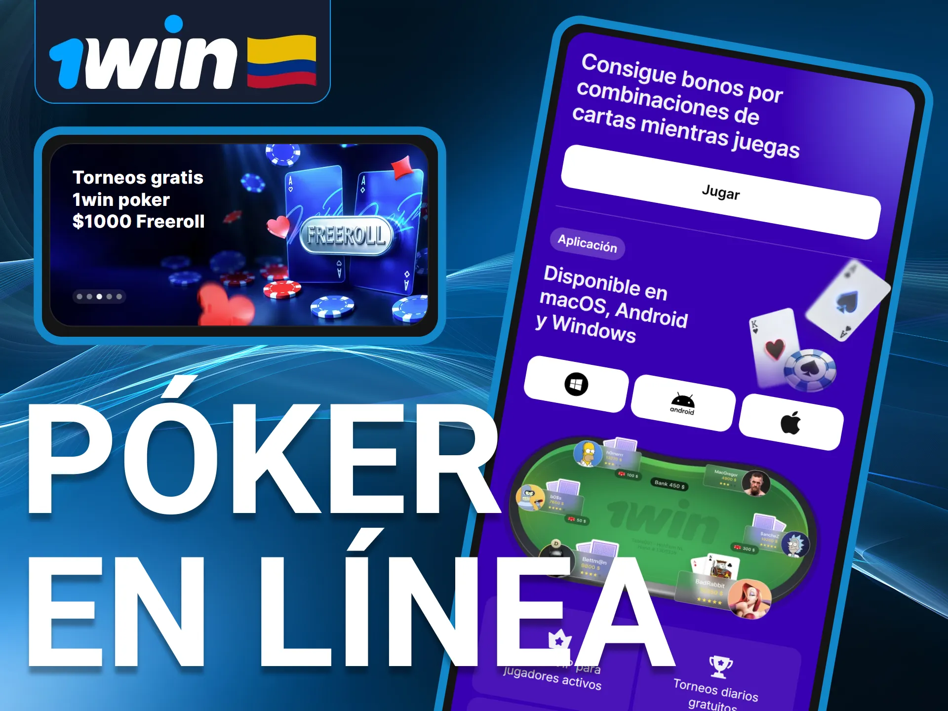 Juega póker en línea en 1Win con torneos mesas de dinero real y bonificaciones como rakeback y Jackpots desde la aplicación móvil.