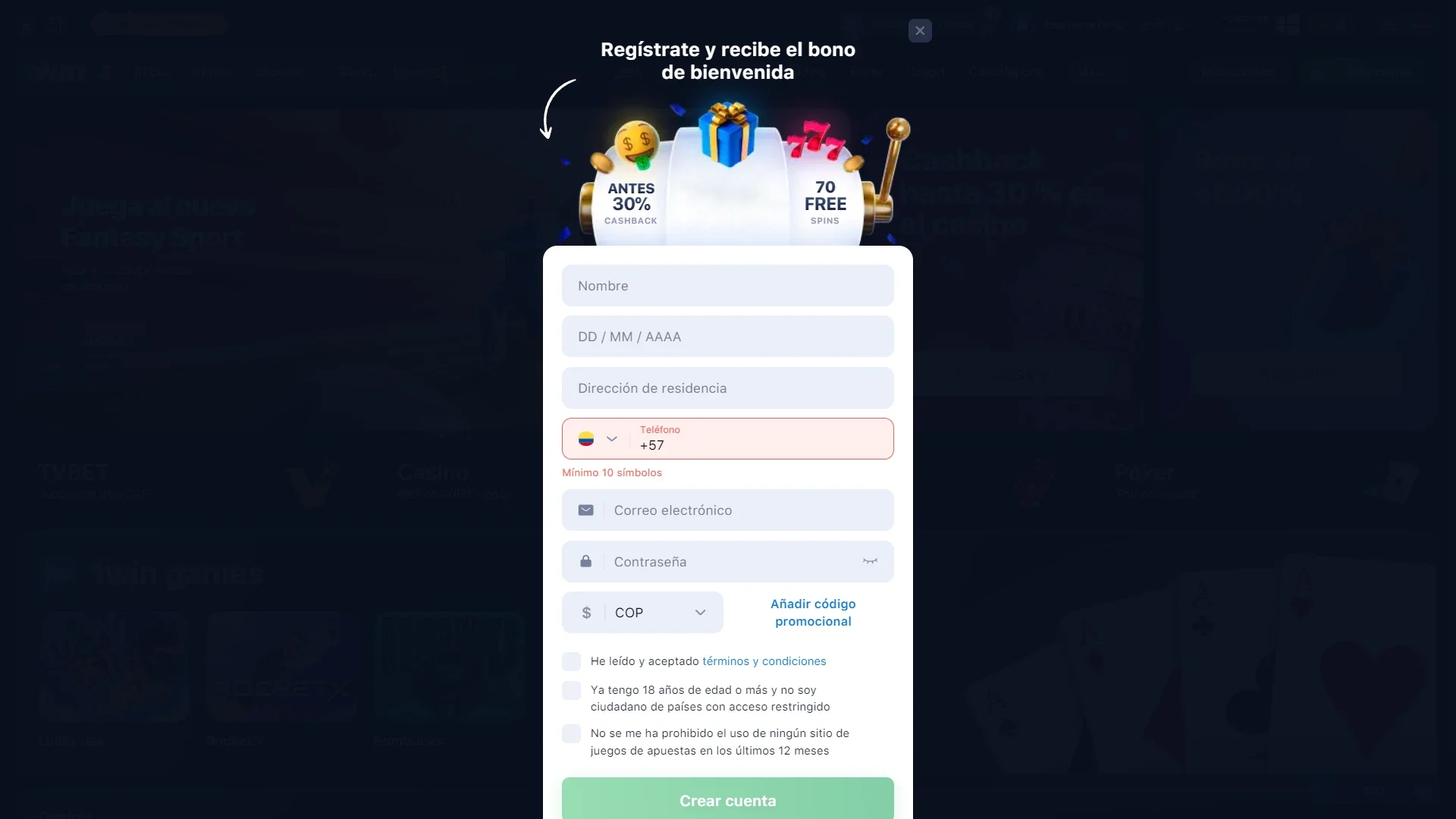 Abra la ventana de registro en 1win.