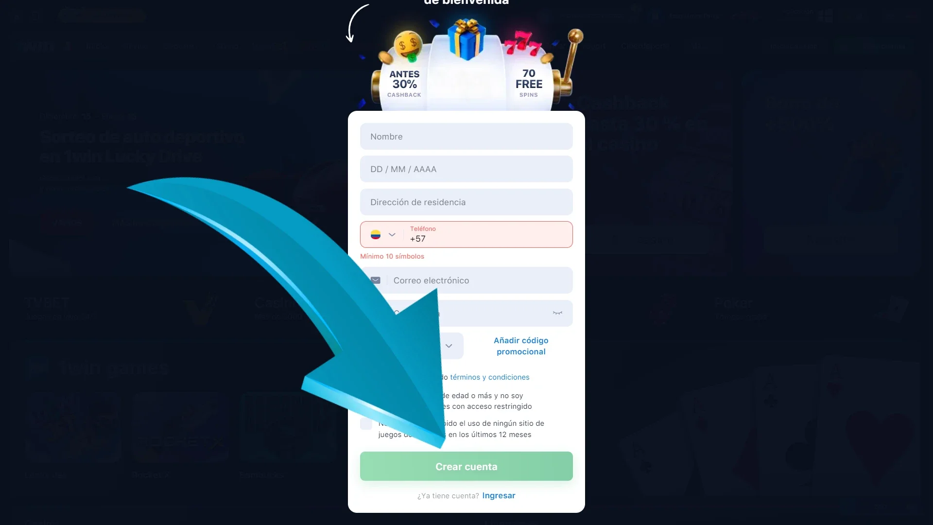 Complete su registro de 1Win haciendo clic en el botón.