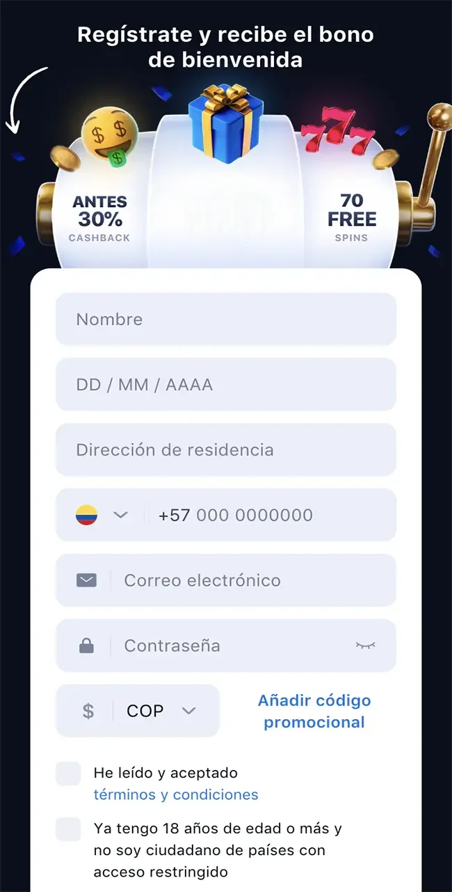 Formulario de registro del casino 1Win.