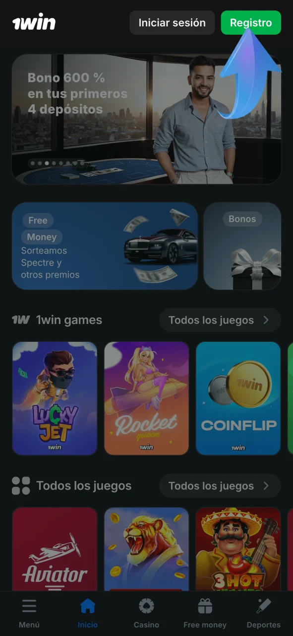 Abre el sitio web del casino 1win y haz clic en Registrarse para crear tu cuenta.